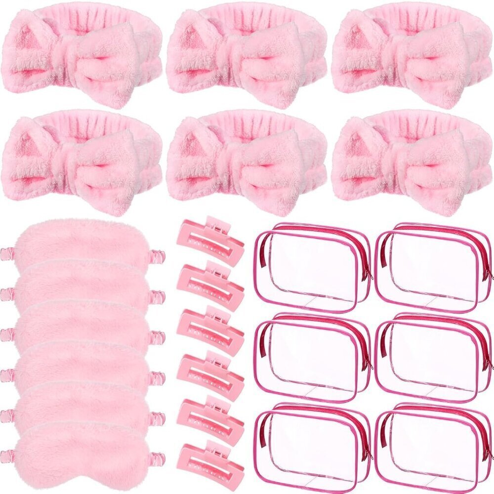 24 pcs Pink Party Favors Set Spa Headbands Eye Masks Claw Clips Cosmetic Bags